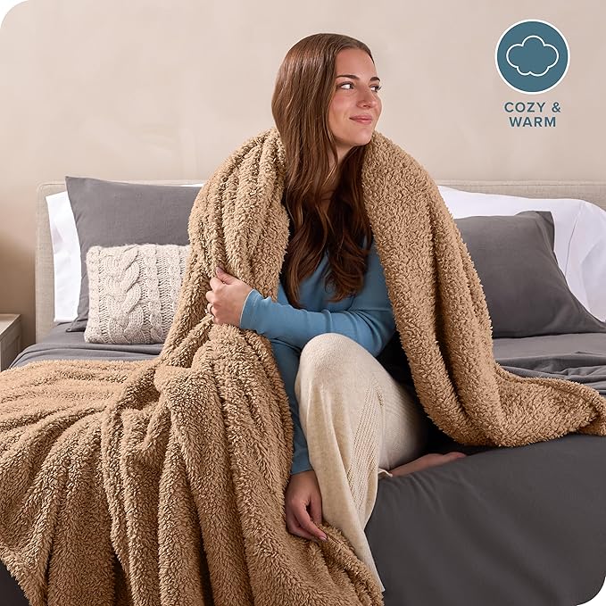 Bare Home Faux Shearling Blanket - Blanket for Bed, Sofa, Couch, Camping, Travel, and Gifts - Warm & Lightweight Throw - Fluffy & Soft (Twin/Twin XL, Solid Teddy Bear Brown)