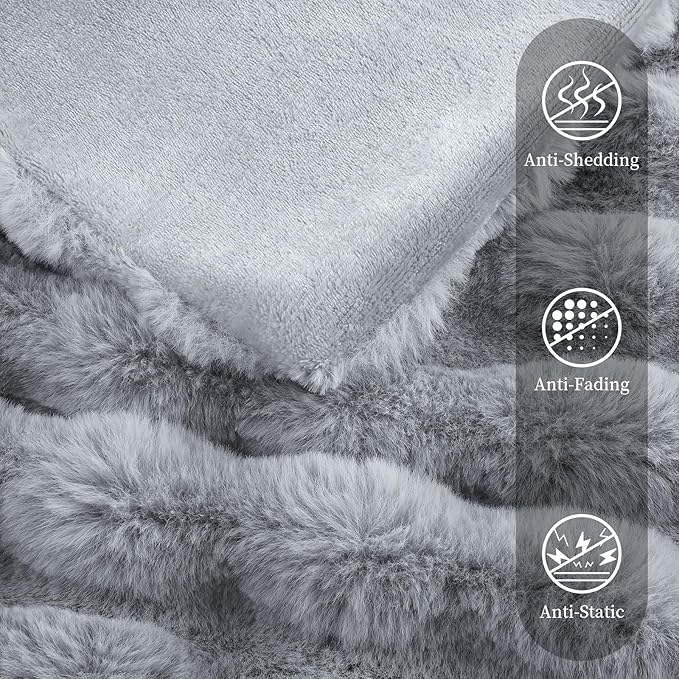 Faux Rabbit Fur Throw Blanket for Couch, Fluffy Warm Plush Thick Bubble Blanket for Bed Sofa Living Room, Soft Cozy Furry Blanket, 50x60 inches, Gray