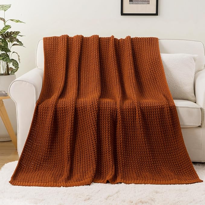 Bunnikins & Clover Knitted Waffle Blanket Throw, Fall Throw Blanket for Home Decoration, Caramel Throw Blanket for Couch, 60"x80"