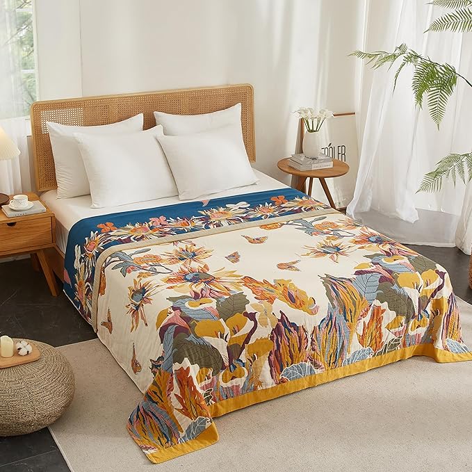 Boho Throw Blanket for Bed 90”x108”, 100% Cotton Woven Blanket for Couch Sofa, Ultra Soft 4-Layer Muslin Quilt with Vintage Floral Printed, Farmhouse Bed Blanket/Cover for Living Room Decor