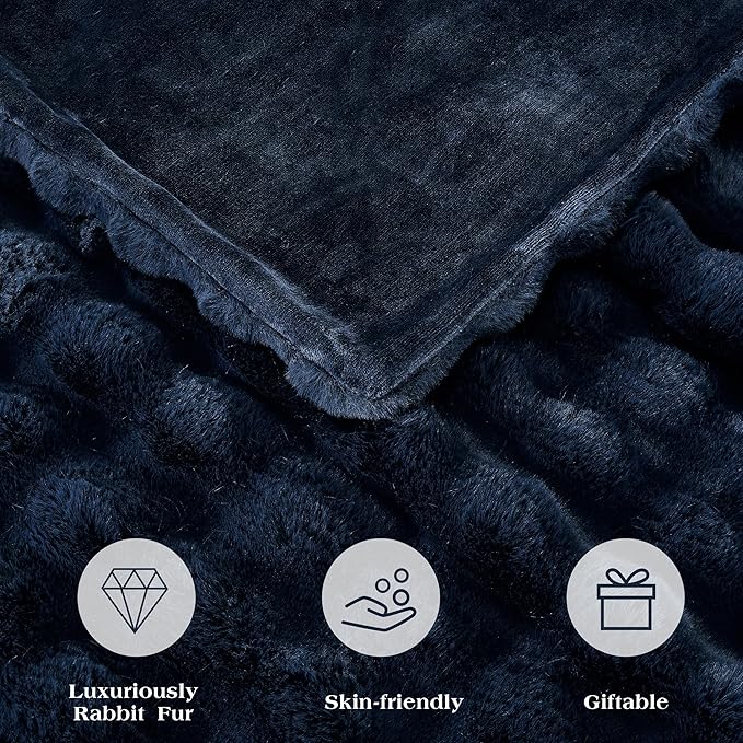 JONIYEAR Soft Fuzzy Bubble Faux Rabbit Fur Throw Blanket for Couch 50" x 60", Reversible Textured Fluffy Warm Thick Blanket for Winter,Luxury Cozy Puffy Shaggy Comfy Furry Blankets for Sofa, Navy Blue