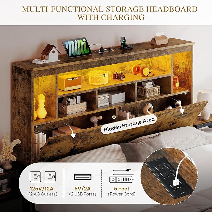 DWVO Queen Size Bed Frame with Storage Bookcase Headboard & RGB LED Lights, Slide Out Bedside Storage, Charging Station, Heavy Duty Metal Slats, No Box Spring Needed, Noise-Free, Rustic Brown