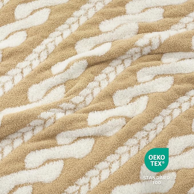 Amélie Home Knit Throw Blanket for Couch, Super Soft Fuzzy Cozy Throw, Giftable Knitted Blanket for Women Men, Birthday, Sofa Bed Living Room Decor, 50" x 60", Cable Beige & White