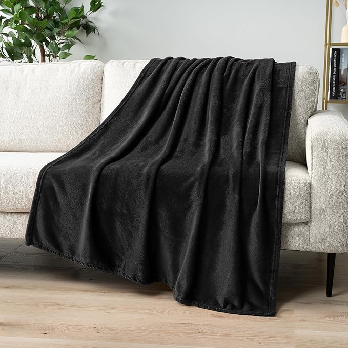PAVILIA Black Fleece Throw Blanket for Couch Twin Size, Super Soft Fuzzy Flannel Throw for Sofa, Luxury Plush Microfiber Blanket Twin Bed, Home Decorative Velvet Gift Blanket, 60x80