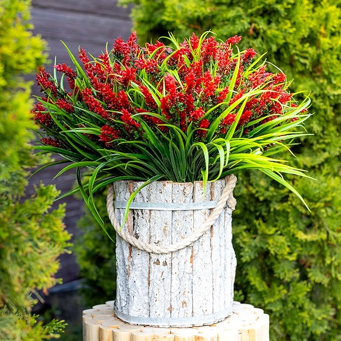 Artificial Flowers for Outdoors Plants - 20 Bundles Fake Lavender Plastic Faux Monkey Grass UV Resistant for Home Decorations (20, Red)