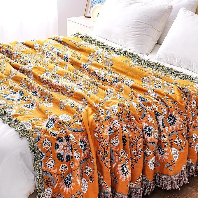 Boho Throw Blanket, 100% Cotton Soft King Yellow Throw for Bed-Floral Farmhouse Decor Blanket, Reversible Bohemian Throw for Sofa Chair Couch Quilt and Gift, 91" x 98"
