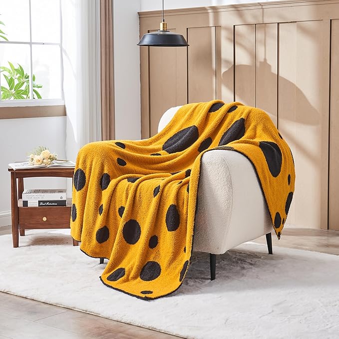 CozeCube Super Soft Fullfy Microfiber Reversible Knitted Blankets, Warm Cozy Fuzzy Plush Throw, Black and Yellow Polka Dot Throw Blanket for Couch Bed Sofa, 60" x 80"