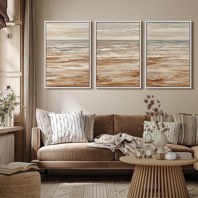 MUDECOR Framed Wall Art Print Set Neutral Coastal Seascape Minimalist Ocean Waves and Sandy Shore Illustrations Modern Art Boho Decorative for Living Room, Bedroom, Office - 24"x36"x3 WHITE