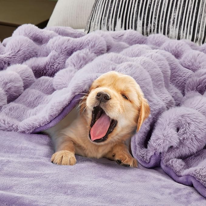 DREAMNINE Decorative Soft Fuzzy Faux Fur Throw Blanket for Couch Sofa 50" x 60", Reversible Plush Microfiber Thick Warm Fluffy Blankets for Winter, Cute Cozy Bubble Furry Blanket for Bed Chair, Purple