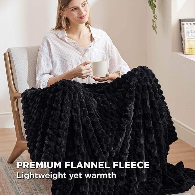 Bedsure Twin Blanket for Bed - 350GSM Fluffy Plush Bubble Blanket for College Dorm for Home Room Decor, GentleSoft Cute Fleece Soft Cozy Gifts for Women Girls, Black, 60x80 Inches
