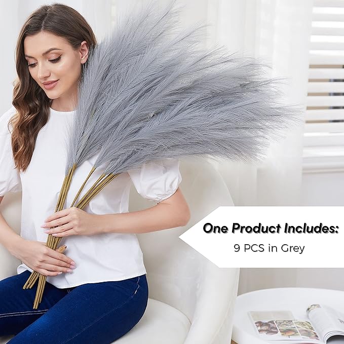 Faux Pampas Grass, Set of 9 Stems 37'' Tall Fluffy Fake Pompas Floral, Large Artificial Pompous Branches for Floor Vase Fillers, Pompas Decorativas, Boho Farmhouse Wedding Home Decor(Grey)
