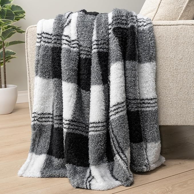 PAVILIA Sherpa Throw Blanket for Couch Sofa, White Black Fluffy Warm Plush Blanket for Twin Bed, Cozy Super Soft Lightweight Throw, Fuzzy Decorative Blanket, All Season Home, 60x80
