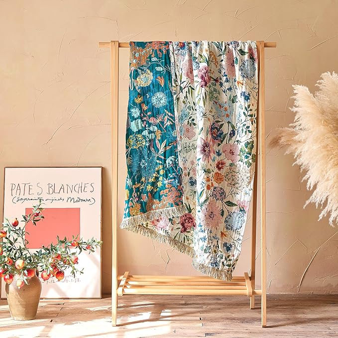Boho Throw Blanket - 100% Cotton Ultra Soft Muslin Blanket, 60"x80" Lightweight Floral Framhouse Bedding Spring Blanket for Bed, All Season Blue Bohemian Bedroom Home Decor Quilt