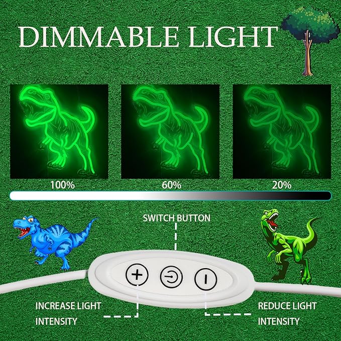 Dinosaur Neon Sign for Wall Decor, USB Dimmable Green LED Night Light for Boys Bedroom, Jurassic Party Decorations, Birthday, Halloween and Christmas Gift, 15.5 x 13 inch
