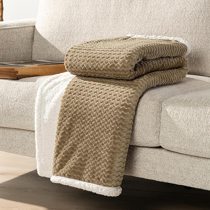 PAVILIA Tan Taupe Couch Blanket Throw Reversible Sherpa Chevron, Soft Cozy Jacquard Weave Textured Blanket Sofa Bed, Thick Warm Large Fleece Car Blanket, Decorative Plush Home Decor, 50x60 Beige Camel