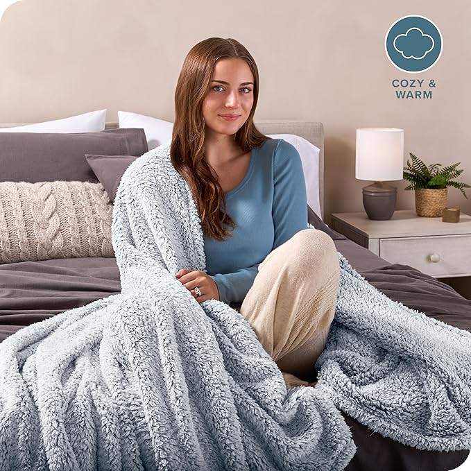 Bare Home Faux Shearling Blanket- Blanket for Bed, Sofa, Couch, Camping, Travel, and Gifts - Warm & Lightweight - Fluffy & Soft (Twin/Twin XL, Tipped Dusty Blue)