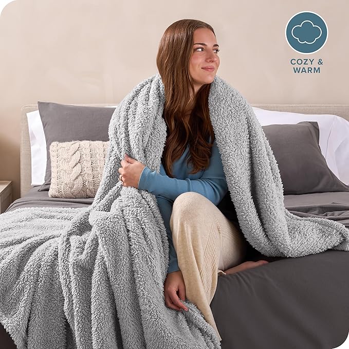 Bare Home Faux Shearling Blanket - Full/Queen Size - Blanket for Bed, Sofa, Couch, Camping, Travel, and Gifts - Warm & Lightweight - Fluffy & Soft (Full/Queen, Solid Light Grey)