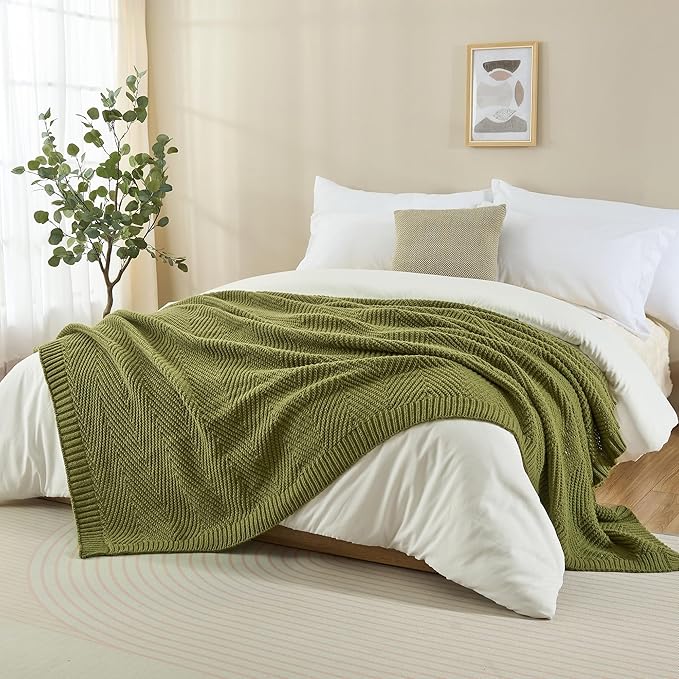 Knitted Throw Blanket 50"X60", Olive Green Knit Throws for Bed, Super Soft Boho Chevron Blankets for Couch Sofa Chair Room Decor, Textured Decorative Farmhouse Cozy Lightweight