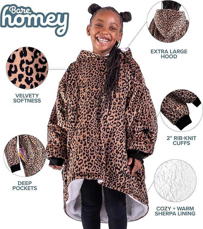 Bare Home Wearable Blanket Hoodie - Soft Plush Sherpa - Warm and Cozy - Oversized Wearable Blanket - Adult & Kid Sizes