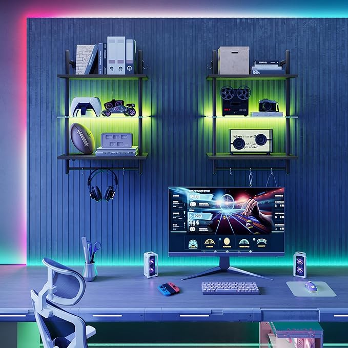 Bestier Gaming Floating Shelves, 24 inch LED Wall Mounted Shelves with Towel Bar, Coffee Bar Shelves with Glass Shelf & 8 Hooks, 3 Tier Hanging Display Rack for Wall Decor, Black Carbon Fiber