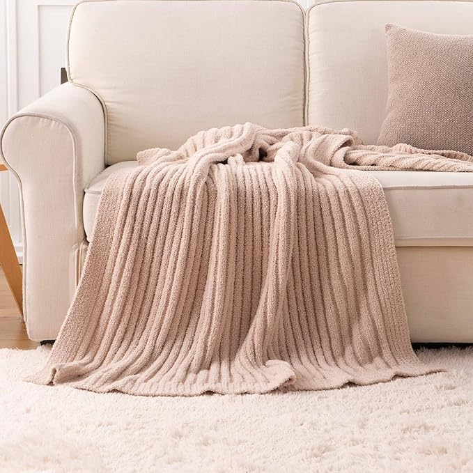 BATTILO Beige Throw Blanket for Couch, Knit Fuzzy Plush Fluffy Soft Netural Blankets, Cozy Warm Lightweight Blanket for Bed, Sofa, Home Decor, 50"x60"