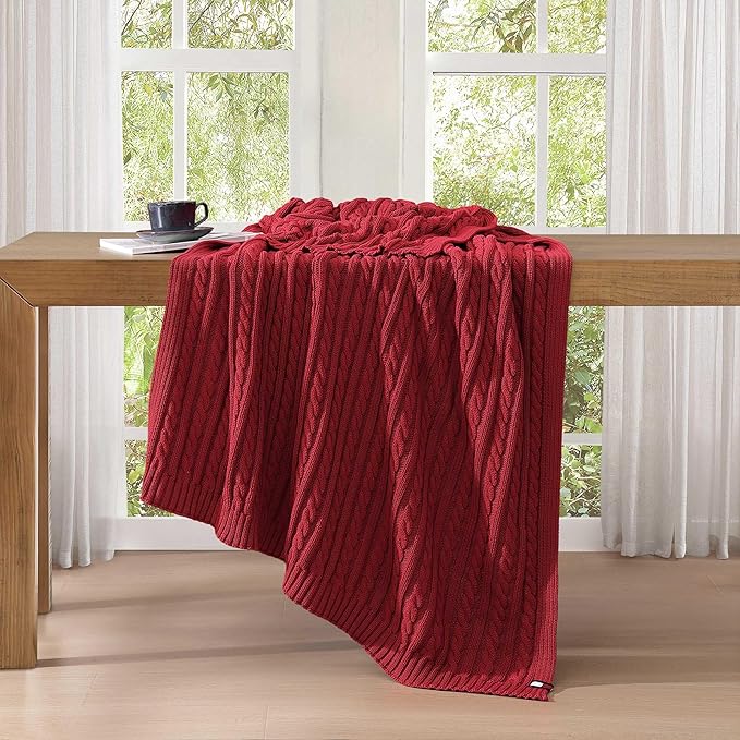 Tommy Hilfiger - Blanket, Ultra-Soft Cable Knit Throw Blanket for Bed or Couch, Lightweight Bedding with a Soft Textured Feel & Iconic Flag Logo (Red, 50" x 70")