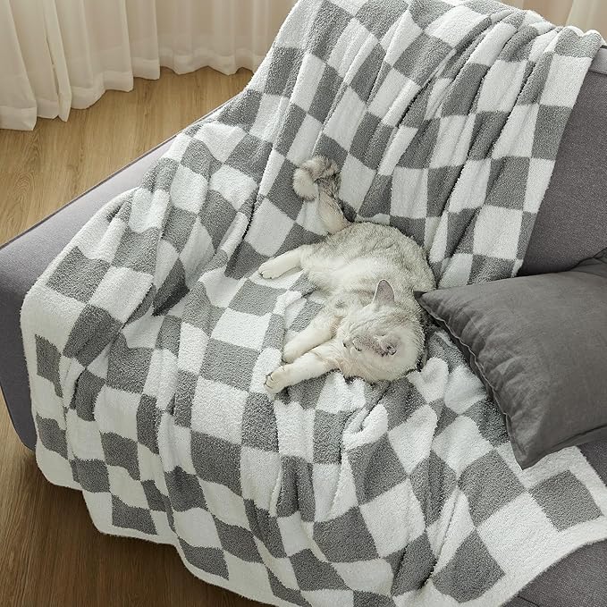 Checkered Throw Blanket, Light Grey Soft Cozy Fluffy Knitted Throw Blankets for Couch, Sofa, Bed, Chair, Warm Fuzzy Travel Picnic Lightweight Plaid Blanket, 50x70 inches