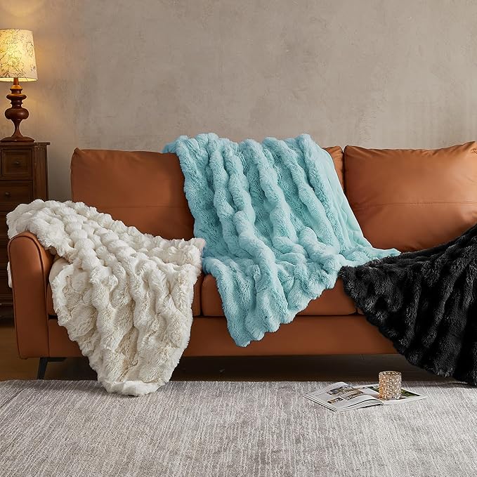 JELLYMONI Faux Fur Throw Blanket, Baby Blue Throw Blanket for Couch, Fuzzy Cozy Plush Bubble Bed Blanket, Thick and Warm Blanket, Throw (50" X 60")