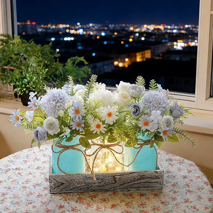 Mason Jar Lights Centerpiece Table Decor for Dining Room Farmhouse Wood Tray with 3 Jars Blue Flowers Valentines Day Decoration for Coffee Table Kitchen Living Room Wedding Spring Decoration
