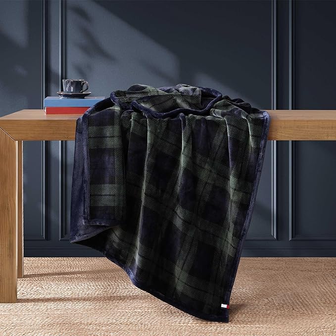 Tommy Hilfiger - Blanket, Ultra-Soft Plush Throw Blanket for Bed or Couch, Cozy Bedding with Solid Reverse & Tailored Hem, Medium Weight for Year Round Comfort (Edinburgh Tartan Blue, 50" x 70")