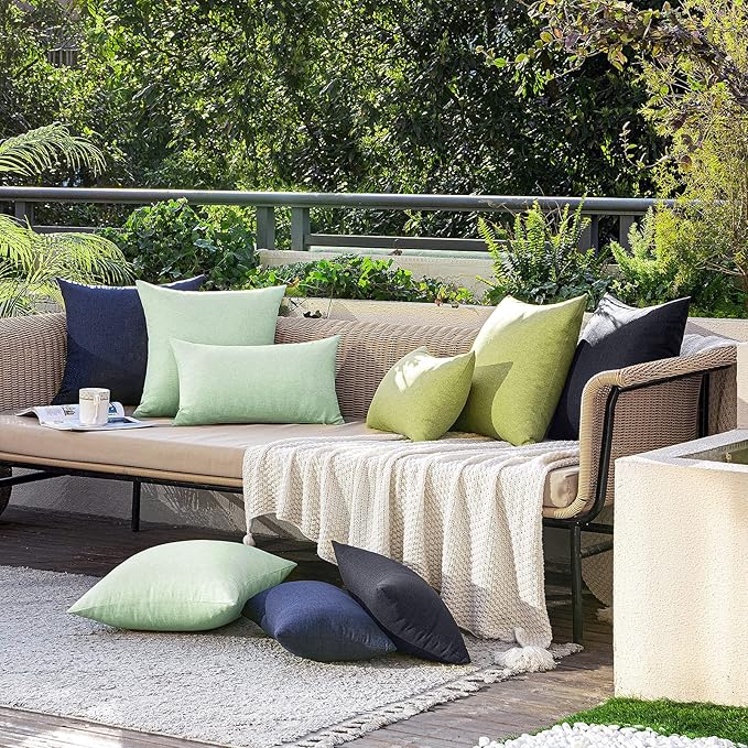 MIULEE Pack of 2 Decorative Outdoor Solid Waterproof Throw Pillow Covers Spring Faux Linen Garden Farmhouse Cushion Cases for Patio Tent Balcony Couch Sofa 12x12 Inch Moss Green