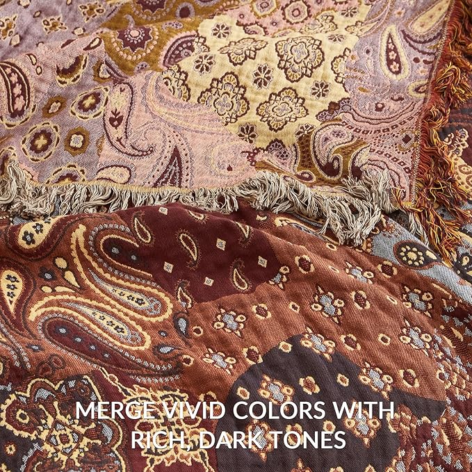 Boho Throw Blanket for Couch Sofa Bed, 100% Cotton Woven Quilt with Tassel 60”x80”, Super Soft Muslin Blanket with Patchwork Printed, Decorative Reversible Bed Blanket/Cover for All Seasons