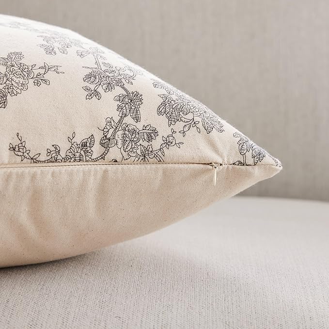 100% Cotton French Pastoral Throw Pillow Covers Set of 2, 20x20 Inch Black Farmhouse Decorative Cushion Covers for Sofa Bed Living Room Home Decor