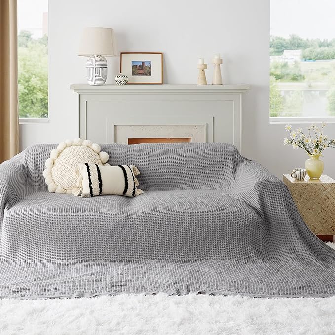 Bedsure Gentlesoft 100% Cotton Big Blanket Oversized King for Bed - Large Breathable Thick Cooling Waffle Weave Blanket for Summer, Couch Cover, Grey, 120x94 inches