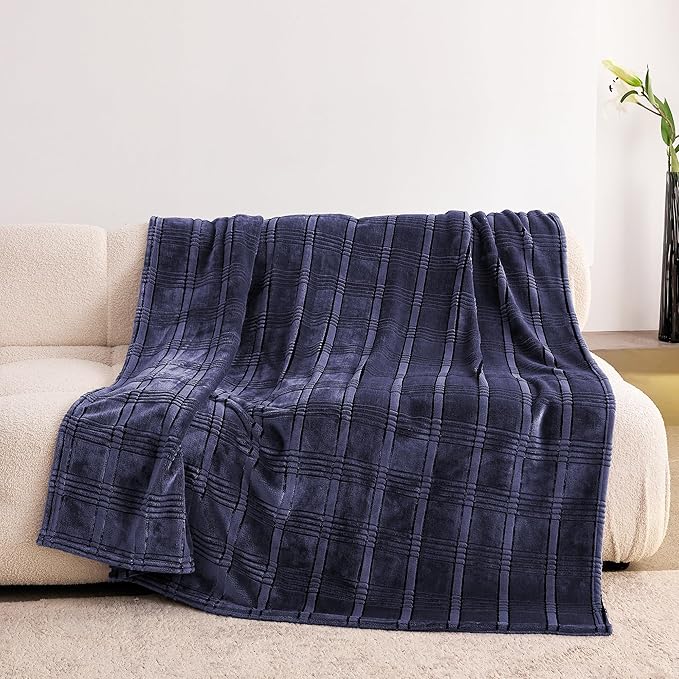 Super Soft Flannel Throw Blanket 50x60 Inches, Premium Checkered Jacquaed Silky Fleece Lightweight Bed Blanket All Season Use, Dark Blue-1, 50"x60"