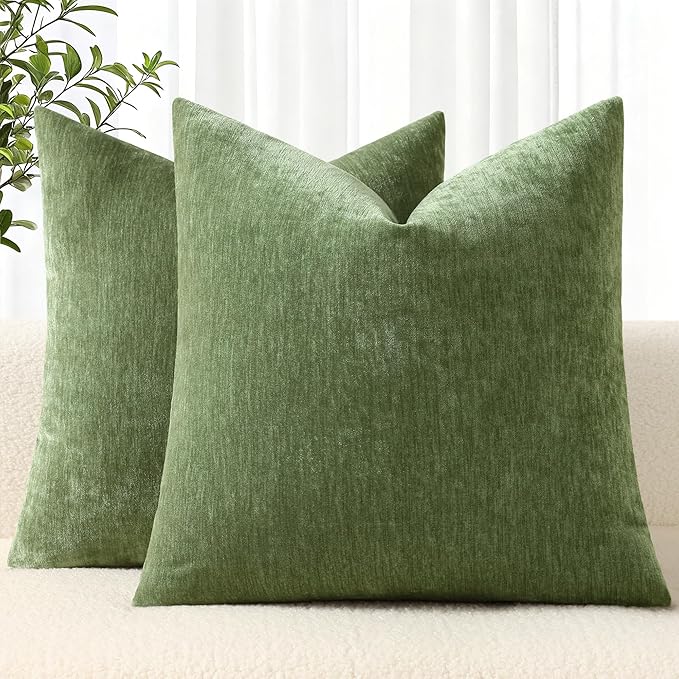 decorUhome Chenille Olive Green Throw Pillow Covers 22x22 Inch Set of 2, Decorative Soft Couch Pillow Covers Solid Dyed Accent Farmhouse Neutral Square Pillow Cases for Sofa