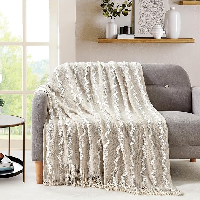 BOURINA Fluffy Chenille Knitted Fringe Throw Blanket Lightweight Soft Cozy for Bed Sofa Chair Throw Blankets, Beige 50" x 60"