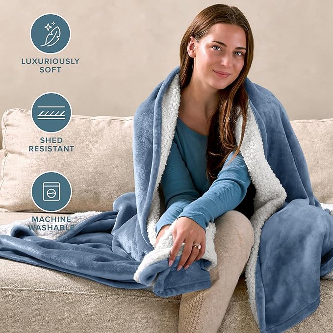 Bare Home Sherpa Fleece Blanket - Twin/Twin Extra Long - Blanket for Bed, Sofa, and Couch - Warm & Lightweight - Fluffy & Soft - Reversible (Twin/Twin XL, Coronet Blue)