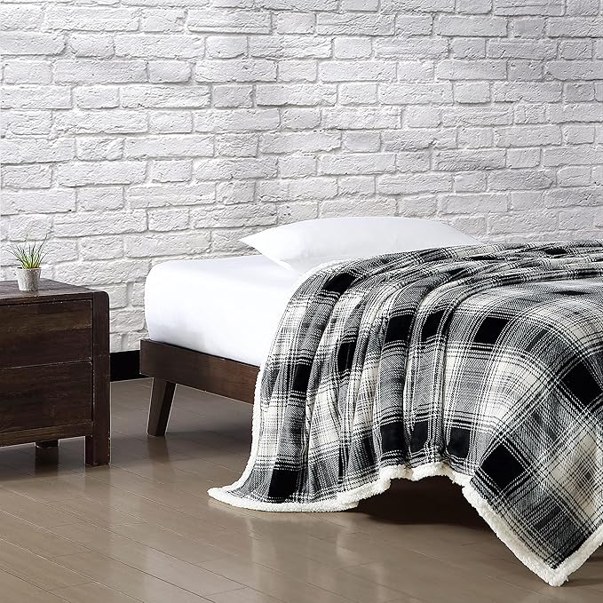 Eddie Bauer - King Size Blanket, Ultra-Soft Plush Bed Blanket with Faux Shearling Reverse, Throw Blanket for Couch & Bed (Vail Plaid Grey)