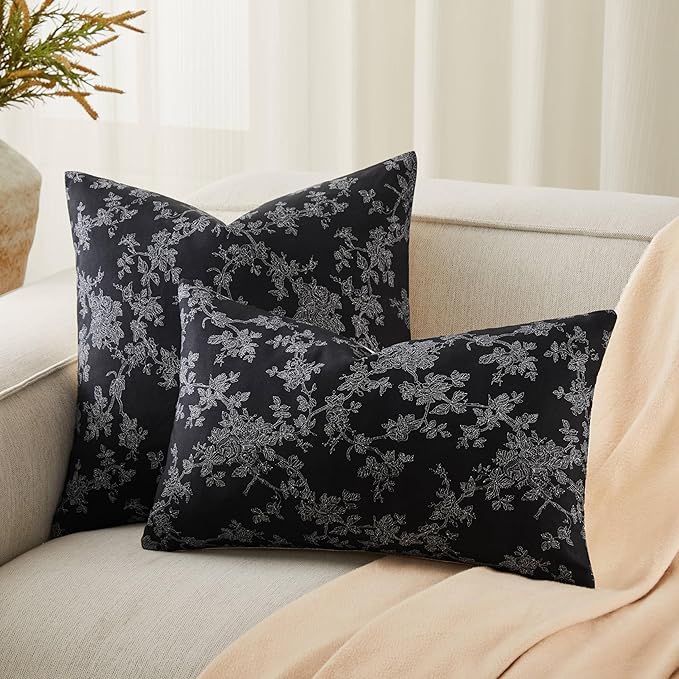100% Cotton French Pastoral Throw Pillow Covers Set of 2, 18x18 Inch Background/Black Farmhouse Decorative Cushion Covers for Sofa Bed Living Room Home Decor