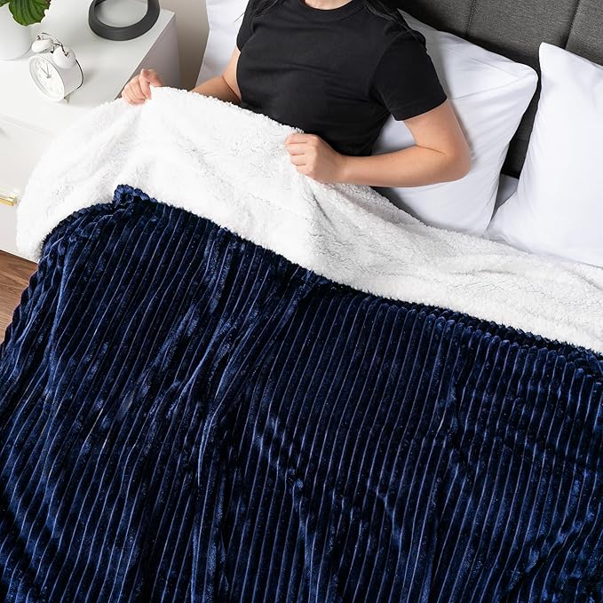PAVILIA Navy Sherpa Fleece Throw Blanket for Couch Twin, Soft Plush Fuzzy Blankets, Fluffy Flannel Sherpa Blanket for Bed, Warm 3D Ribbed Winter Blanket Gift, 60x80 inches