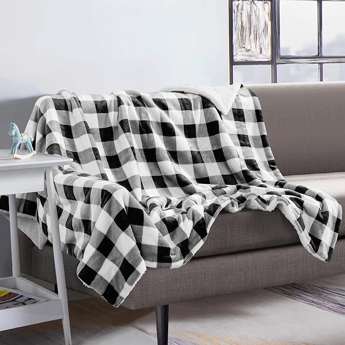 Elegant Comfort Luxury Ultra-Plush Velvet Touch Buffalo Plaid Fleece Throw - Soft, Warm, Cozy Micromink Sherpa-Backing Reversible Blanket for Bed, Sofa and Couch, Buffalo Black