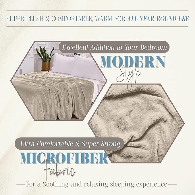 Elegant Comfort Luxury Velvety Feel Blanket, All-Season Lightweight Blanket, Ultra Plush, Soft, Cozy-Fuzzy Flannel Fleece for Couch, Sofa, Bed, Travel, Solid Design, King/California King, Cream-Beige
