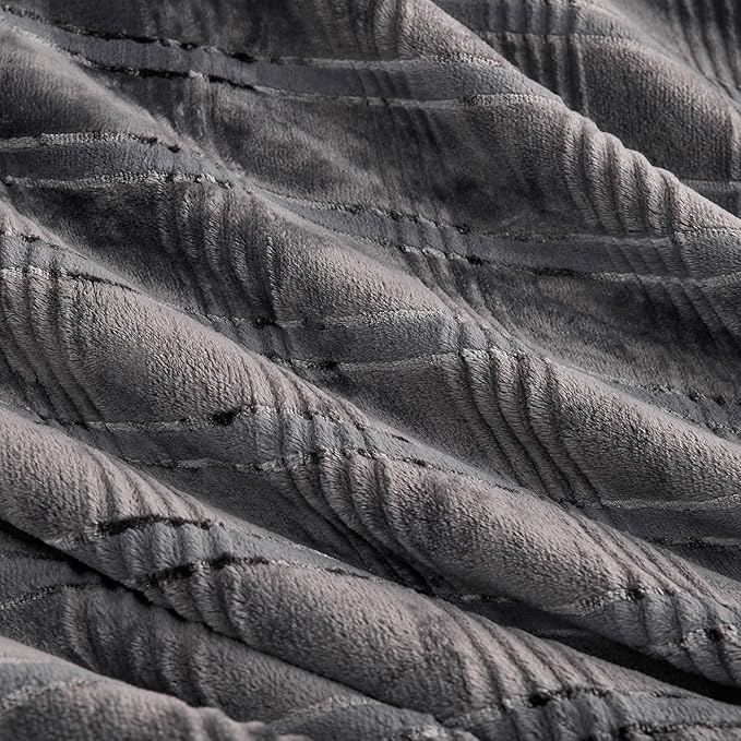 Super Soft Flannel Queen Blanket 90x90 Inches, Premium Checkered Jacquaed Silky Fleece Lightweight Bed Blanket All Season Use, Dark Grey Strip, 90"x90"