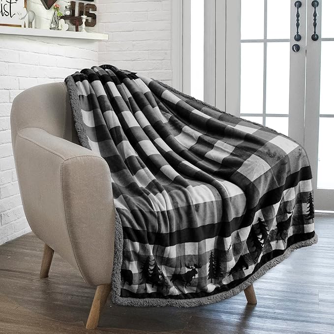 PAVILIA Winter Cabin Sherpa Throw Blanket, Soft Fleece Cozy Grey Christmas Reversible Blanket 50"x60", Warm Plush Rustic Plaid Throw for Couch, Bed, for Family, Friends