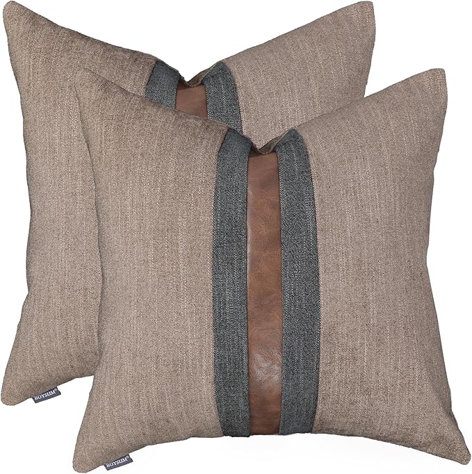 BOYSUM Set of 2 Leather Throw Pillow Covers Cotton Linen Decor Patchwork Pillow Cover Faux Leather Pillows Cover for Couch Sofa Living Room Bedroom,Coffee 16"x16"