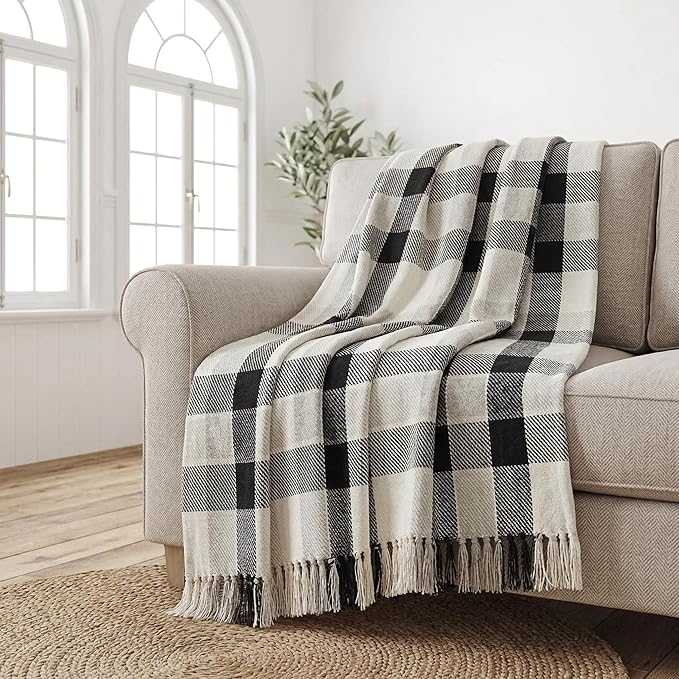 Americanflat 50x60 Throw Blanket - Soft and Breathable Cotton Throw Blanket for Couch, Bed, Chair - Decorative Blankets Perfect for Home, Office, or Outdoor Use - Black, Cream and Beige Plaid Design