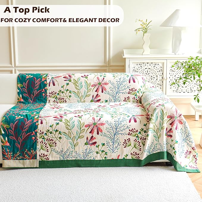 Boho Throw Blanket, 100% Organic Cotton Breathable Ultra Soft 50" x 60" Bed Quilt Throw - All Season Floral Rustic Farmhouse Decor Luxury Reversible Blanket for Sofa Couch Chair and Gift
