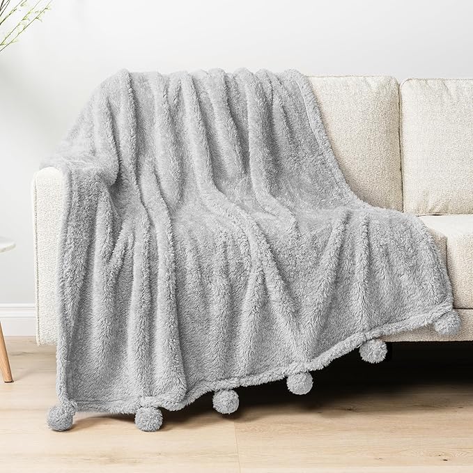 Pavilia Light Grey Sherpa Throw - Twin, Fuzzy Couch Throw with Pom Poms, Soft Fluffy Cozy Blanket - Lightweight, 60x80
