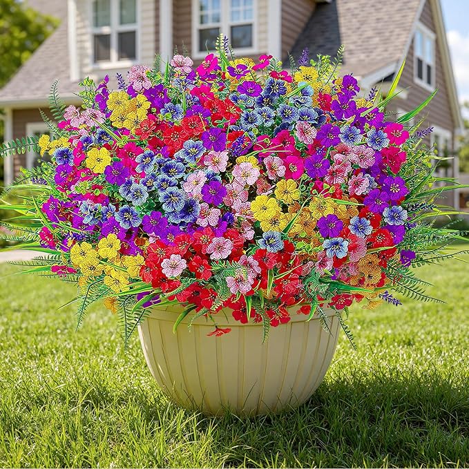 Alupssuc 48 Bundles Artificial Flowers for Outdoors Planters Spring Decoration, UV Resistant Faux Eucalyptus Violet and Lavender Silk Fake Plants for Outside Indoor Yard Home Patio Decor, Mix 6 Colors